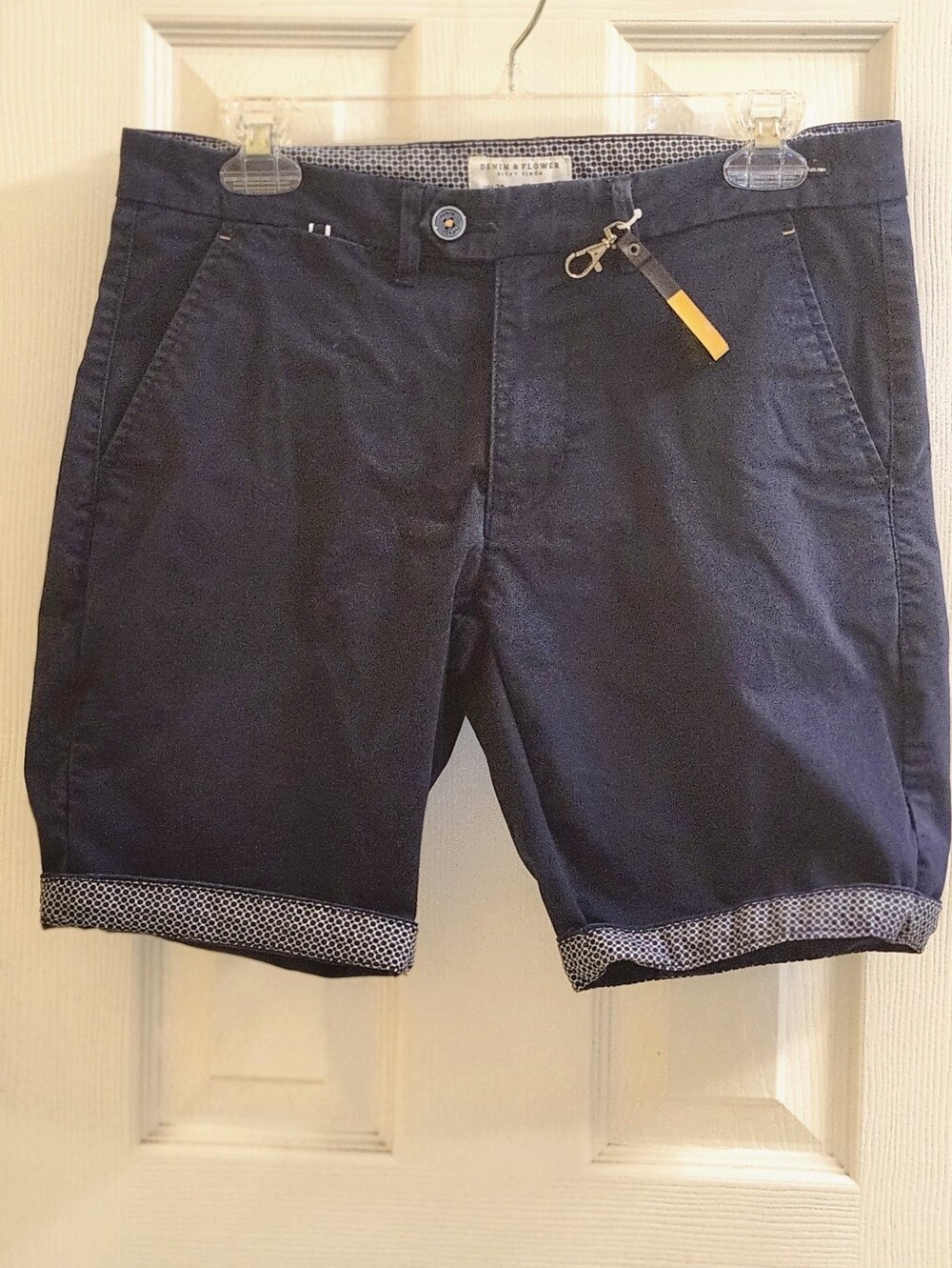Denim & Flower Navy Flat Front Chino Shorts with Contrast Cuff